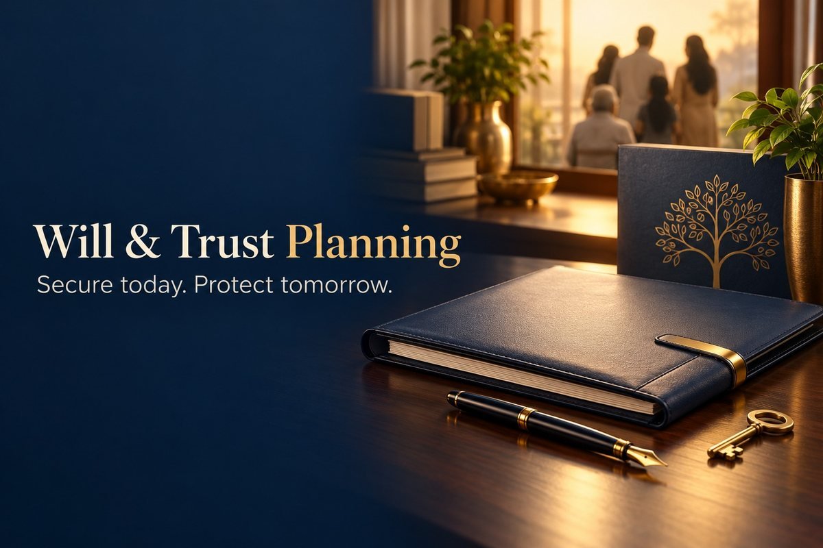 Will and trust planning — a notebook, pen and key on a desk with a family in the background